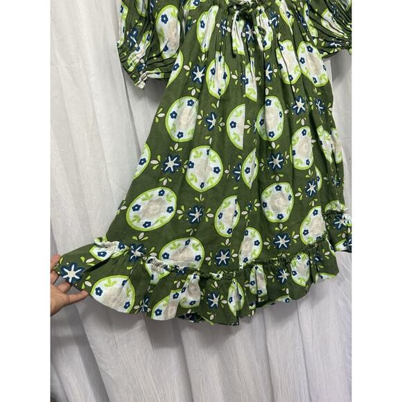 Innika Choo Dress 100% Linen Floral Dart Off Shoulder Mini Dress Boho Chic Green - Picture 4 of 13